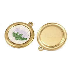 304ステンレススチール製＆刺繍入りペンダント  フラワーラウンドフラワーチャーム  ラベンダー  イオンプレーティング（ip）  長持ちメッキ  18KGP本金メッキ  26x23x4mm  穴：1.5mm&nbsp;SA-CBA1ED9-01G