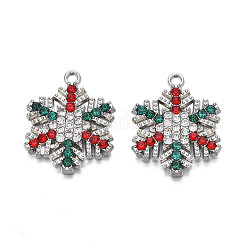 ラックメッキ合金ペンダント  カラフルなラインストーン付き  カドミウムフリー＆ニッケルフリー＆鉛フリー  クリスマススノーフレークチャーム  プラチナ  24x19.5x2mm  穴：1.8mm&nbsp;PALLOY-N164-023P