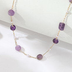 天然アメジストのナゲットと真鍮のハンドメイドリンクチェーンネックレス（女性用）  ゴールドカラー  15.35インチ（39cm）&nbsp;BQ6884