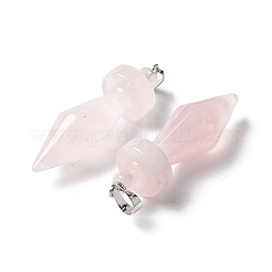 天然石ローズクォーツペンダント  バイコーンチャーム  真鍮パーツ  プラチナ  48.8~50x14mm  穴：6.5x4.5mm&nbsp;G-C187-03E