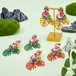 3 Pairs 3 Colors Flower & Leaf Rhinestone Dangle Stud Earrings&nbsp;EJEW-FI0003-21