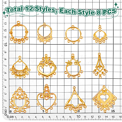 96 個 12 スタイル合金シャンデリアコンポーネントリンク  カン付き  ゴールドカラー  混合図形  30~43x21.5~37mm  8個/スタイル&nbsp;FIND-PH0026-57