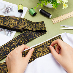 ポリエステルジャカードリボン  刺繡古代漢服レースリボン  象模様  ブラック  50x0.1mm&nbsp;DIY-WH0410-36