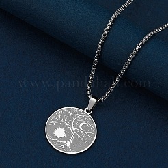 Stainless Steel Viking Moon Sun Tree of Life Flat Round Pendant Box Chain Necklaces&nbsp;PW-WG93B99-01