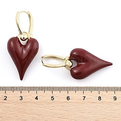 女性用真鍮エナメルフープピアス  ハート  14KGP本金メッキ  暗赤色  46.5x20x8.5mm&nbsp;EJEW-U055-26G-02