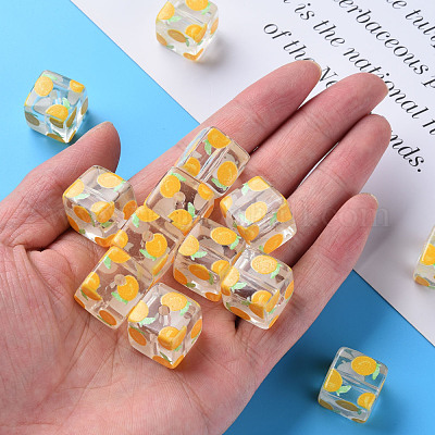 透明印刷アクリルビーズ  フルーツ模様の四角  レモン模様  16x16x16mm  穴：3mm&nbsp;MACR-S374-08A-02-1
