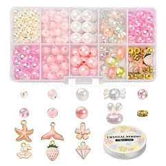 DIY Cute Stretch Bracelet Making Kit, Including Imitation Pearl & Candy Acrylic Beads, Rabbit & Sakura & Strawberry & Whale Tail & Diamond Alloy Enamel Pendants, Pink, 0.8mm, about 10.93 yards(10m)/roll, 1roll