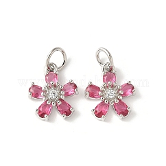 Brass Micro Pave Cubic Zirconia Pendants, Flower Charms, Rack Plating, Lasting Plated, Cadmium Free & Lead Free, with Jump Ring, Pale Violet Red, 14.5x12.5x4.5mm, Hole: 4.5mm