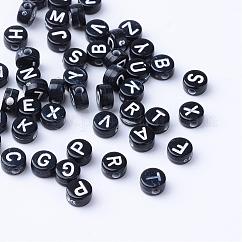 Craft Acrylic Horizontal Hole Letter Beads, Flat Round, White, Mixed, 6~7x3.5~4mm, Hole: 2mm, about 3600pcs/500g