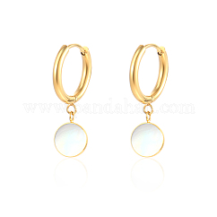 Elegant 304 Stainless Steel Shell Flat Round Dangle Hoop Earrings for Women's Daily Wear, Golden