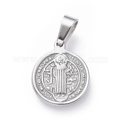 Non-Tarnish 304 Stainless Steel Pendants, Religion, Flat Round with Saint Benedict, Stainless Steel Color, 15x12x1.5mm, Hole: 5x3mm