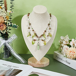 Natural Unakite Chip & Round White Jade & Synthetic Luminous Stone & Glass Leaf Bullet Shape Pendant Necklaces&nbsp;NJEW-OC00004