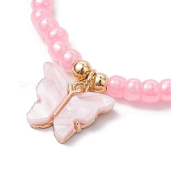 蝶合金アクリルチャームブレスレット  女性用グラスシードビーズブレスレット  ピンク  9-7/8インチ（25cm）&nbsp;BJEW-JB10487-02