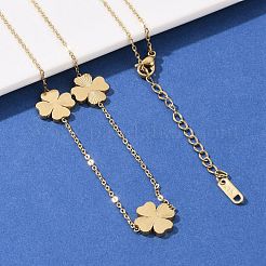 304ステンレススチールクローバーリンクチェーンロングネックレス  イオンプレーティング（ip）  ゴールドカラー  34.37インチ（87.3cm）&nbsp;NJEW-V001-01G
