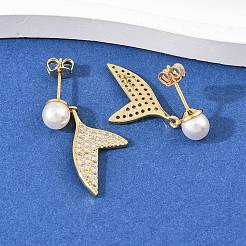 Fishtail Brass Micro Pave Clear Cubic Zirconia Dangle Stud Earrings&nbsp;EJEW-C172-06G