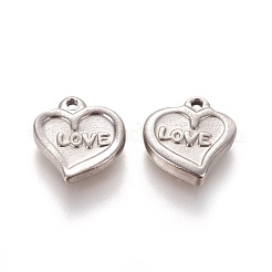 変色しない304ステンレススチールチャーム  単語「love」付けのハート  バレンタインデーのために  ステンレス鋼色  11x12x2.5mm  穴：1.2mm&nbsp;STAS-L226-024P