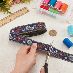 エスニック風刺繍ポリエステルリボン  花柄  マリンブルー  1-3/8インチ（34mm）  約7.66ヤード（7m）/ロール&nbsp;OCOR-WH0067-74A