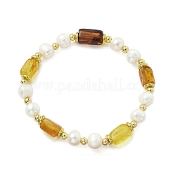 Natural Cultured Freshwater Pearl & Amber  Beads Stretch Bracelets for Women&nbsp;BJEW-JB13606
