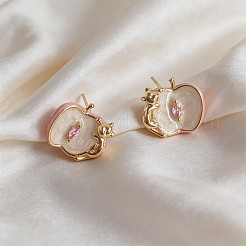 真鍮製パヴェセッティングのシングルキュービックジルコニアスタッドピアス（女性用）  猫の形をしたリンゴ  エナメル  ゴールドカラー  フローラルホワイト  10mm&nbsp;WGF0550-01