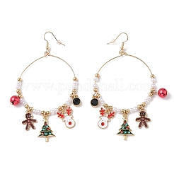 クリスマステーマ合金エナメルダングルピアス  プラスチック製のビーズと  クリスマスツリー  ゴールドカラー  93x52mm&nbsp;EJEW-B068-01G-01