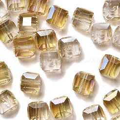 電気メッキガラスビーズ  虹メッキ  多面カット  キューブ  ゴールデンロッド  10~11x10~11x10~11mm  穴：1mm&nbsp;EGLA-E006-2R