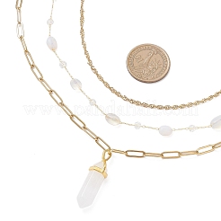 Natural Rose Quartz Double Terminated Pointed Bullet Pendant 304 Stainless Steel & Brass Chain 3 Layer Necklaces for Women&nbsp;NJEW-JN05477-04