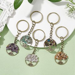 天然混合宝石キーホルダー  鉄の分割キーリングと合金のパーツ付き  命の木とフラットラウンド  7.9cm&nbsp;KEYC-JKC00694