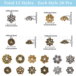 360個12スタイルの合金ビーズキャップ  花  ミックスカラー  7.5~10x7~8.5x2~3mm  穴：1~2mm  30個/スタイル&nbsp;TIBE-SC0002-29