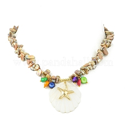 Ocean 304 Stainless Steel Starfish and Natural Shell Pendant AB Color Beaded Necklaces&nbsp;NJEW-JN06213