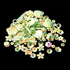 レインボー虹色PVCスパンコールビーズ&リンク&ペンダント  混合図形  花/雪の結晶/楕円形  ライムグリーン  4~20x4~20x0.3~6mm  穴：0.8~4mm  約131個/袋&nbsp;PVC-C001-01E