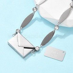 304ステンレススチールオーバルリンクブレスレット  女性用合金封筒と愛の言葉リンクブレスレット  ラインストーン付き  ステンレス鋼色  6-7/8インチ（17.6cm）&nbsp;BJEW-U030-01P
