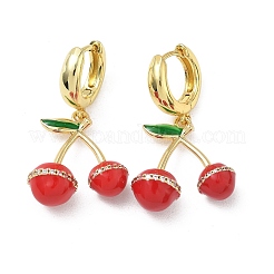 真鍮製マイクロパヴェキュービックジルコニアフープピアス（女性用）  チェリー  エナメル  ラックめっき  長持ちメッキ  鉛フリー＆カドミウムフリー  18KGP本金メッキ  38x22mm&nbsp;EJEW-A167-04B-G