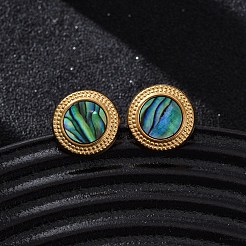 304ステンレススチール天然パウア貝スタッドピアス  フラットラウンド  イオンプレーティング（ip）  18KGP本金メッキ  13mm&nbsp;EJEW-Z103-04G-01
