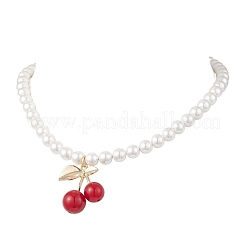 Brass Resin Red Cherry Pendant Round White Shell Pearl Beaded Necklaces&nbsp;NJEW-JN05733
