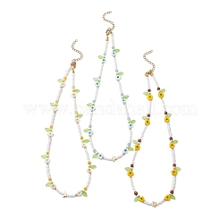 3Pcs 3 Colors Faceted Round Natural Red Jasper & Dyed White Jade & Agate & Flower Handmade Millefiori Glass & Glass Seed Beaded Necklaces for Women&nbsp;NJEW-MZ00150