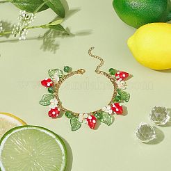 プラスチックイミテーションパールフラワー＆アクリルリーフ＆ランプワークストロベリーチャームブレスレット  女性用304ステンレスジュエリー  カラフル  7-3/4インチ（19.5cm）&nbsp;BJEW-TA00181