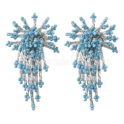 女性用ガラスシードビーズスタッドピアス  花  タッセルピアス  プラチナ  ブルー  55x27mm&nbsp;EJEW-MZ00760-01