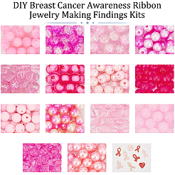 乳がん啓発リボンのDIYジュエリー製作キット  アクリルビーズ入り  ABSプラスチックパール調ビーズ  合金エナメルチャーム  ピンク&nbsp;DIY-PH0013-53