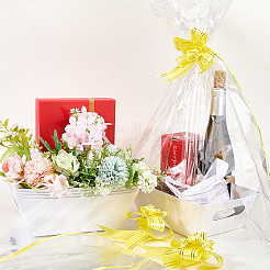 厚紙ギフトバスケットキット  プラスチックかごバッグとプルリボン付き  ホワイト  25.2x18.3x8.15cm&nbsp;CON-WH20013-01A-08