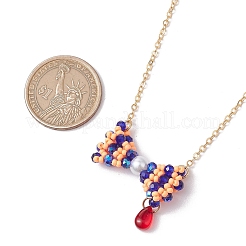 3個 3色ガラスシードビーズ蝶結びペンダントネックレス  真鍮アズキチェーン付き  ミックスカラー  17.32インチ（44cm）  1pc /カラー&nbsp;NJEW-MZ00091