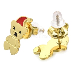 イオンプレーティング（IP）304ステンレススチールエナメルスタッドピアス  14KGP本金メッキ  クリスマスのために  クマ  13x7mm&nbsp;EJEW-I316-04G-08