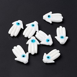 手作りのナザールボンジュウのランプワークビーズ  片穴  ハムサの手/ミリアムの手  ホワイト  27~27.5x19.5~21x6.5mm  穴：1mm&nbsp;LAMP-F025-04F