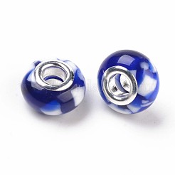 レジンヨーロピアンビーズ  大穴ビーズ  プラチナメッキトーンの真鍮製ダブルコアとシェル付き  ロンデル  ブルー  13.5x8mm  穴：5mm&nbsp;RPDL-S015-002E