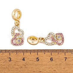 ラックメッキ合金クリスタル＆ライトローズラインストーンヨーロピアンダングルチャーム  ダブルハートラージホールペンダント  ゴールドカラー  27mm  ハート：17.5x9.5x2mm  穴：4.5mm&nbsp;FIND-C055-18G