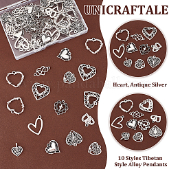 60pcs10スタイルチベットスタイルアロイペンダント  ハート  アンティークシルバー  18~24x15~25x2~3mm  穴：1~2mm  6個/スタイル&nbsp;FIND-UN0015-56