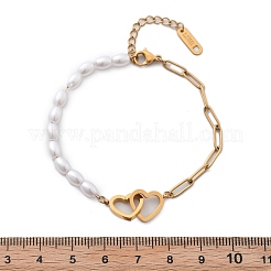 イオンプレーティング（IP）304ステンレススチールリンクブレスレット  女性用ペーパークリップチェーンジュエリー  プラスチックパール付き  ハート  18KGP本金メッキ  6-1/2インチ（16.5cm）&nbsp;BJEW-P345-06G