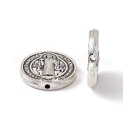 チベット風合金ビーズ  プリースト＆クロス模様のフラットラウンド  アンティークシルバー  14.5x2.5mm  穴：1.2mm&nbsp;FIND-G042-01AS