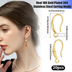 304ステンレススチールピアスフック20個  開ループあり  18KGP本金メッキ  18.5x9.5mm  穴：2mm  ピン：0.9mm&nbsp;STAS-BBC0008-77