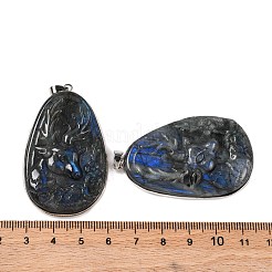 天然ラブラドライト彫刻鹿の大きなペンダント  プラチナメッキのラックメッキ真鍮スナップオンベイル付きの卵形のチャーム  53x32x8mm  穴：5x4mm&nbsp;G-B085-10P