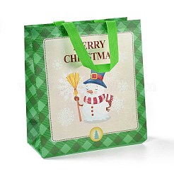 クリスマステーマラミネート不織布防水バッグ  ヘビーデューティストレージ再利用可能なショッピングバッグ  ハンドル付き長方形  ライム  雪だるま模様  26.2x22x28.8cm&nbsp;LS-ABAG-B005-02B-03